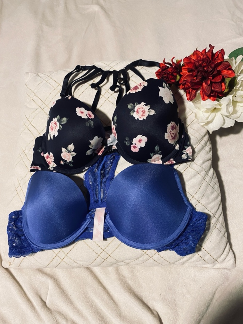 Floral Black & Royal Blue Push-Up Bras - Women Intimates